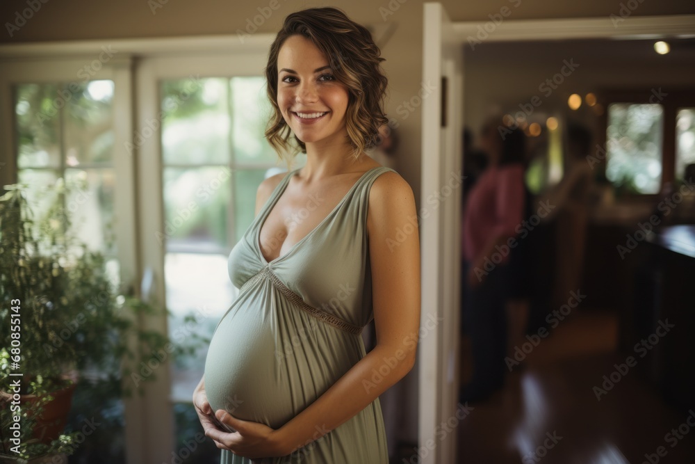 Pregnant woman smiling at her growing belly, cherishing the joy of maternity - obrazy, fototapety, plakaty 