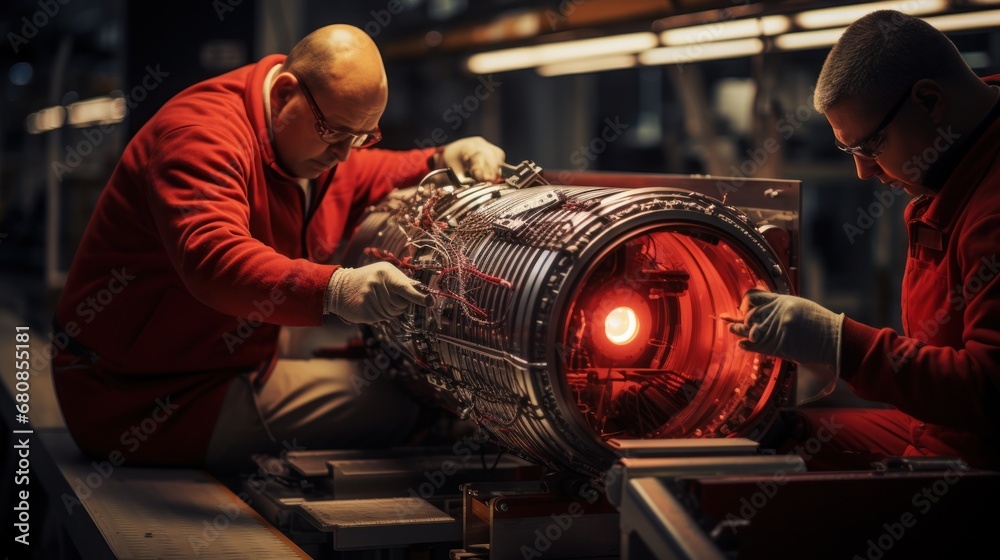 Rocket engineers building a rocket in an aerospace factory Rocket engineers building a rocket in an aerospace factory