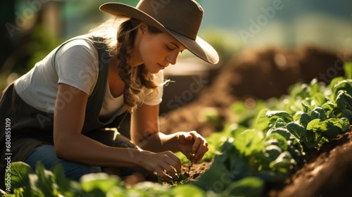 Organic farmer harvesting fresh vegetables on her farm photo