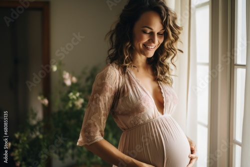 Pregnant woman smiling at her growing belly, cherishing the joy of maternity Free Download Pregnant woman smiling at her growing belly, cherishing the joy of maternity - GFXLoad