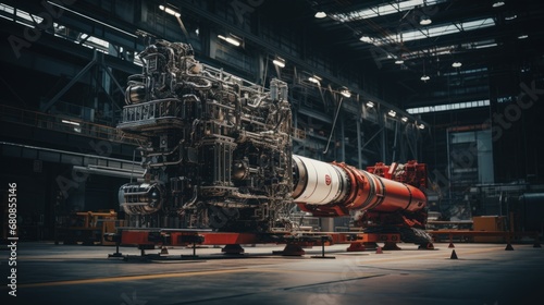 Rocket engineers building a rocket in an aerospace factory