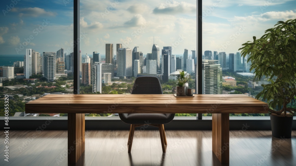 Fototapeta premium Wooden table and chair in office with panoramic city view large windows background.
