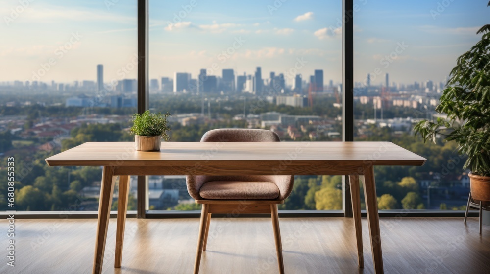 Fototapeta premium Wooden table and chair in office with panoramic city view large windows background.