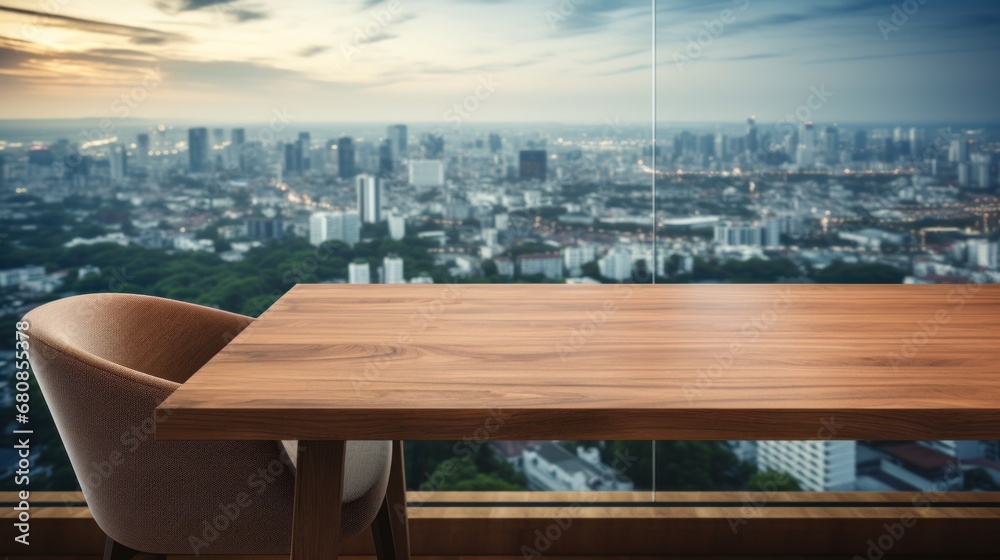 Fototapeta premium Wooden table and chair in office with panoramic city view large windows background.