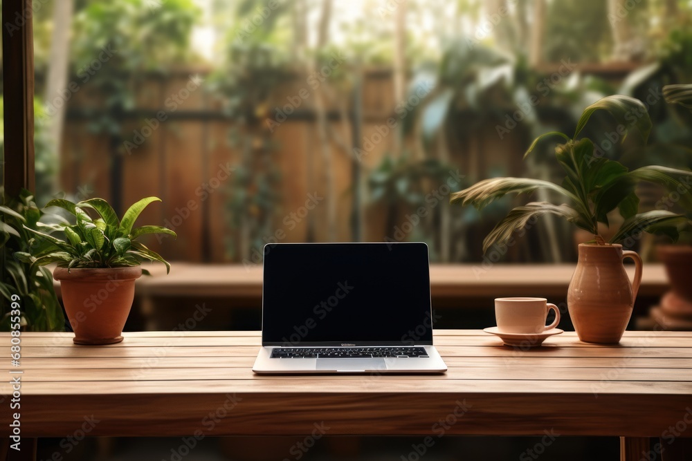 Wooden table with white laptop screen and a cup of coffee
