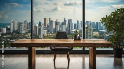 Wooden table and chair in office with panoramic city view large windows background.