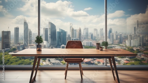 Wooden table and chair in office with panoramic city view large windows background.