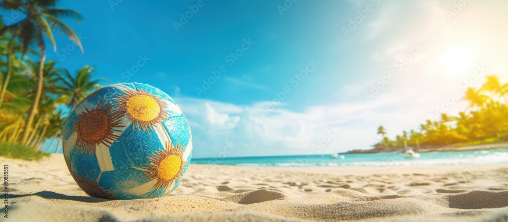 Colorful beach ball at seaside on sunny day view AI generated image