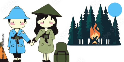 Asian couple vector outdoors with campfire in front of  pine forest behind them illustration