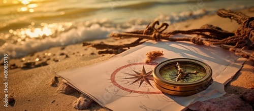 Old map paper with a compass on beach. AI generated image photo