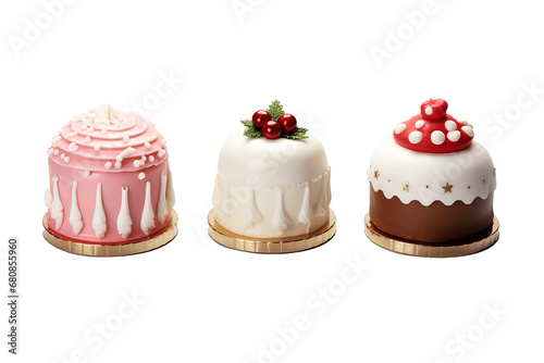 colorful chirstmas cakes, isolated white background