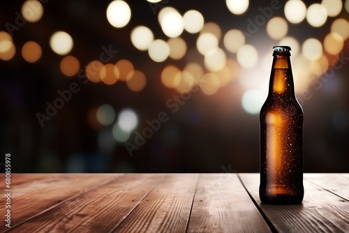 beer bottle on a classic wooden table, vintage bokeh bar background created with Generative AI technology 