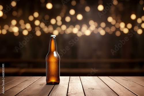 beer bottle on a classic wooden table, vintage bokeh bar background created with Generative AI technology	
 photo