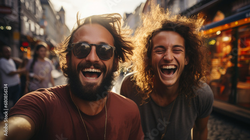 portrait of couple taking funny selfie in happy mode, face smiling impression 