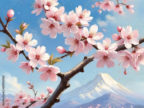 una impresionante ilustración de cerezos en flor en plena floración photo