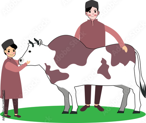 Family Moslem with a cow Eid Al- Adha