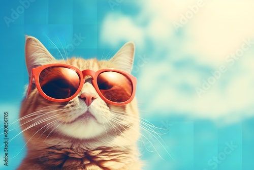 an adorable fluffy white cat with large blue eyes wearing sunglasses and a brightly colored Hawaiian shirt, sitting on a bright yellow background