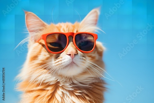 a fluffy white cat with large blue eyes wearing sunglasses and a brightly colored Hawaiian shirt, sitting on a bright blue background