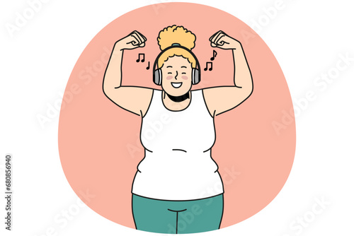 Overjoyed overweight woman in headphones listen to music do sports. Smiling fat girl in earphones enjoy good quality sound training. Vector illustration.