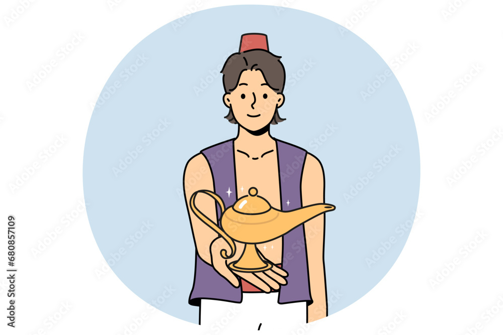 Smiling Aladdin holding wonderful lamp in hands. Happy male genie with golden lamp grant wishes. Fairytale and magic. Vector illustration. Smiling Aladdin holding wonderful lamp in hands. Happy male genie with golden lamp grant wishes. Fairytale and magic. Vector illustration.