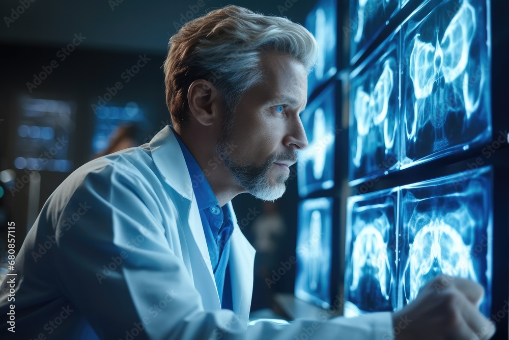 Doctor looking at x-rays, Radiologist works with MRI scans in laboratory.