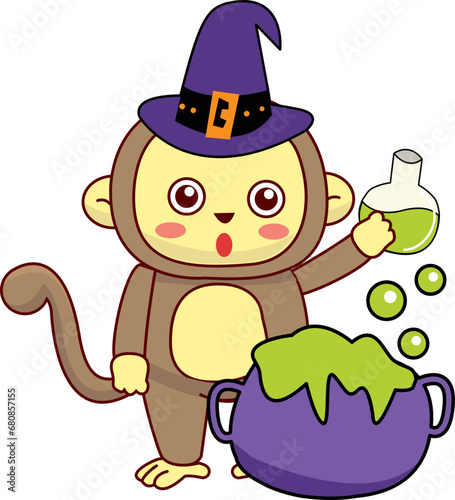 Witch monkey with Halloween Couldron