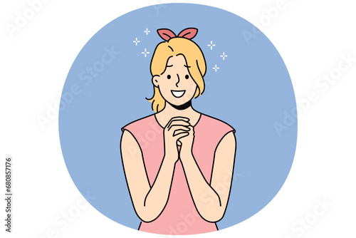 Smiling young woman with hands in prayer ask for forgiveness or beg. Happy girl feel hopeful and joyful praying. Faith and belief. Vector illustration.