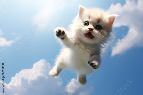 a white kitten with large blue eyes flying through the air with outstretched paws. The kitten's soft fur and sparkling eyes contrast beautifully with the clear blue sky behind it.