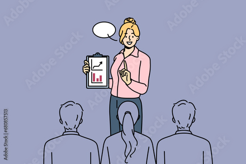 Successful business woman speaks at presentation showing clipboard with growing financial graphs. Business lady conducts training talking about importance of leadership qualities and ambitions