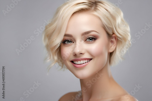 Young woman with smooth skin and beautiful short  blonde flowing hair. Beauty and cosmetics advertising concept image.  