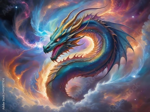 un impresionante dragón cósmico se arremolina con colores vibrantes que se mezclan a la perfección con la nebulosa circundante photo