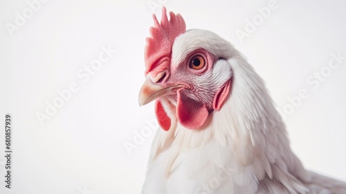 Portrait of a chicken against white background with space for text, AI generated, background image