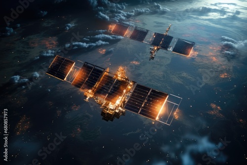 Satellites in decorated earth space solar panel spaceship and space