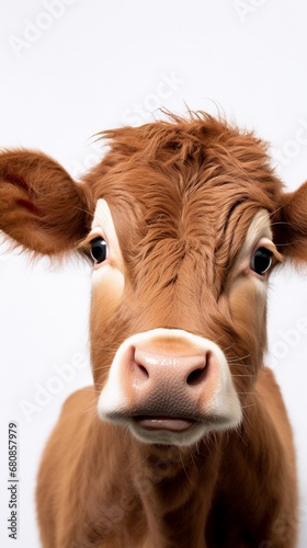 close-up portrait of a cow against white background with space for text, AI generated, background image