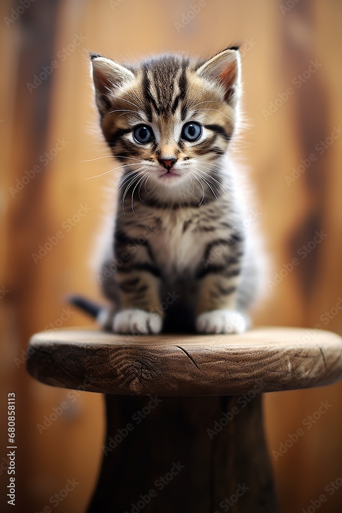 a curious kitten with large blue eyes and soft orange fur sitting on a wooden stool. The kitten is looking directly at the camera with a playful expression. Its fur and eyes contrast