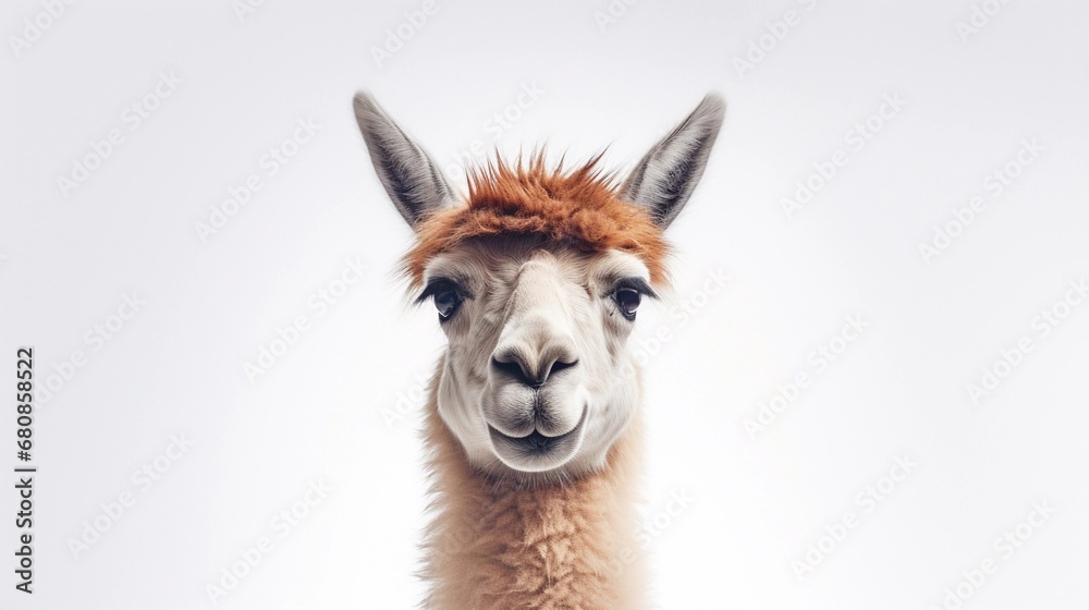 Portrait of a Llama against white background with space for text, AI generated, background image