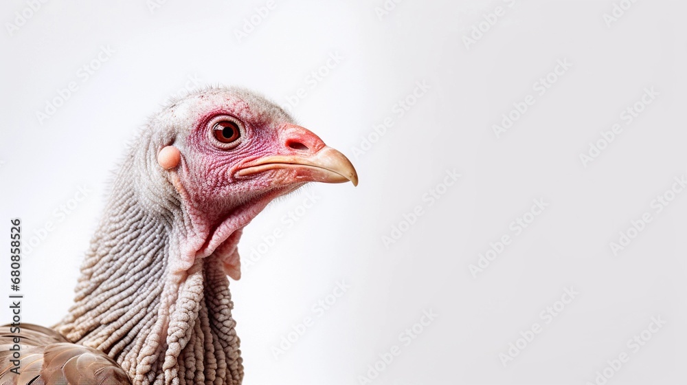 Fototapeta premium Portrait of a Turkey against white background with space for text, AI generated, background image
