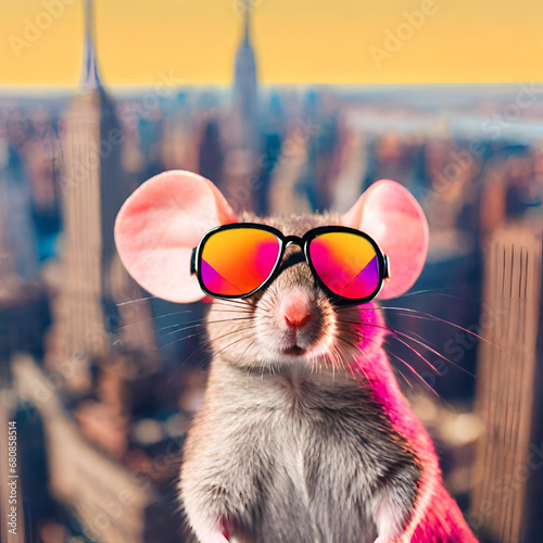 illustration of a cool rat or mouse with sunglasses with New York skyline on the background