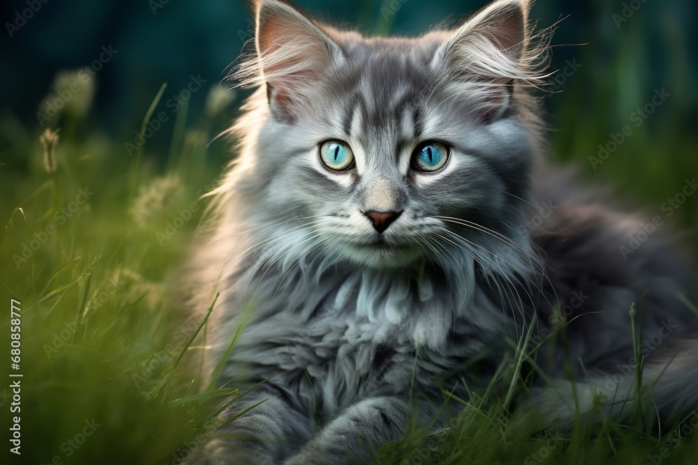 an adorable kitten with large blue eyes and soft gray fur sitting on a wooden windowsill. The kitten is gazing out the window with a curious expression, its tail curled around its paws.