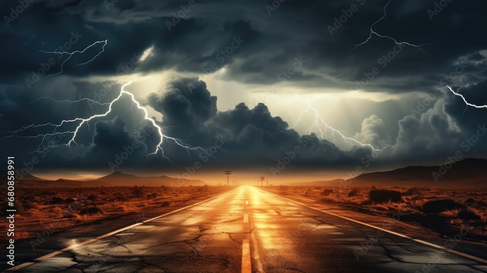 Landscape with old highway and lightning.