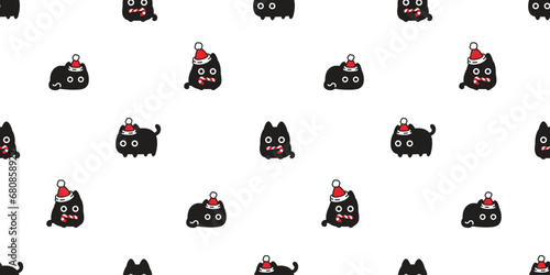 black cat seamless pattern Christmas Santa Claus hat candy cane munchkin kitten calico neko vector pet cartoon doodle gift wrapping paper tile background illustration repeat wallpaper isolated design
