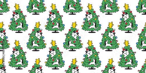 cat seamless pattern Christmas tree kitten Santa Claus hat calico munchkin neko vector pet doodle cartoon gift wrapping paper tile background repeat wallpaper illustration scarf isolated design