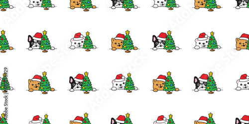 french bulldog bear polar cat seamless pattern Christmas tree Santa Claus hat munchkin dog puppy polar kitten calico neko vector pet doodle cartoon gift wrapping paper tile background repeat wallpaper