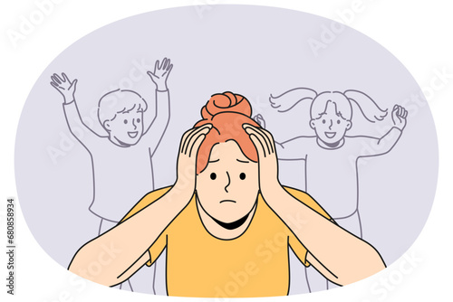 Stressed young mother annoyed with loud kids screaming. Unhappy distressed woman bothered with noisy children suffer from motherhood. Vector illustration.