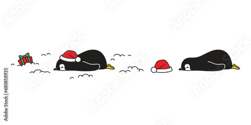 penguin vector christmas gift box santa claus hat sleeping cartoon character icon bird logo stamp doodle illustration symbol design isolated