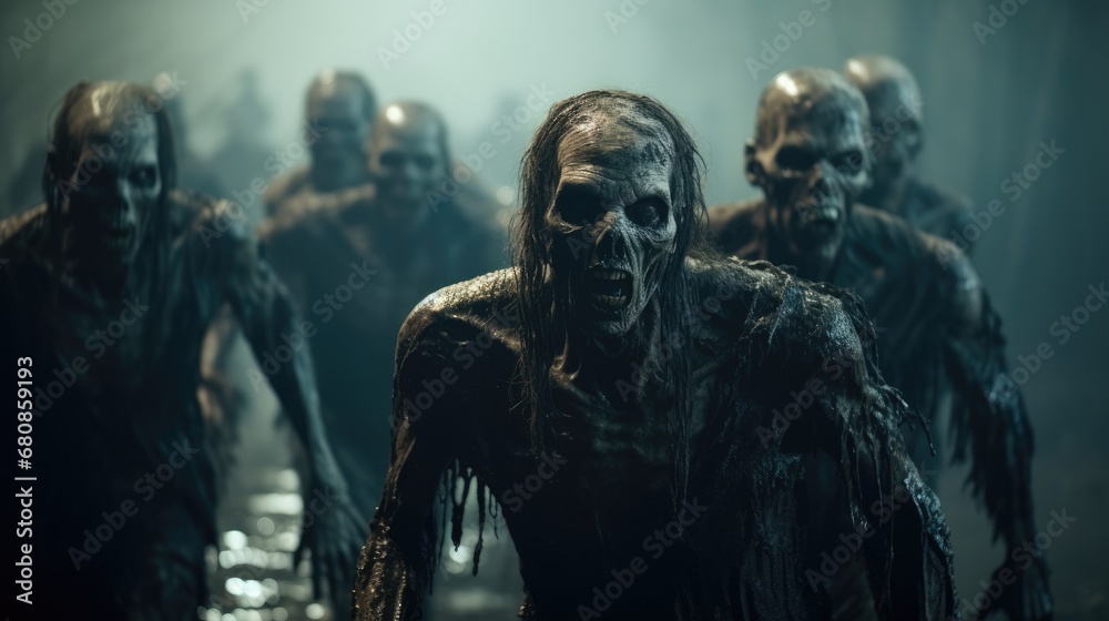 Zombies walking down a deserted street in city during apocalypse, Halloween theme. Zombies walking down a deserted street in city during apocalypse, Halloween theme.