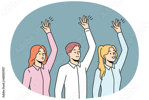 Happy businesspeople raise hands vote at workplace. Smiling employees engaged in teambuilding activity. Teamwork concept. Vector illustration.