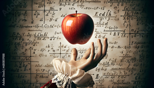 Hand catching a falling apple with math formulas - Newton's gravity discovery concept photo