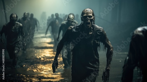 Zombies walking down a deserted street in city during apocalypse, Halloween theme.