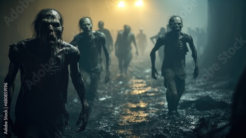 Zombies walking down a deserted street in city during apocalypse, Halloween theme.